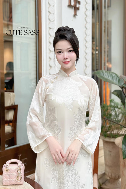 White Shimmery Rose Chiffon Ao Dai Top Only, No Pants 29D |Pre-made Vietnamese Women Ao Dai with Pants | Lunar New Year|Ao Dai Cach Tan AoDaibyCuteSass