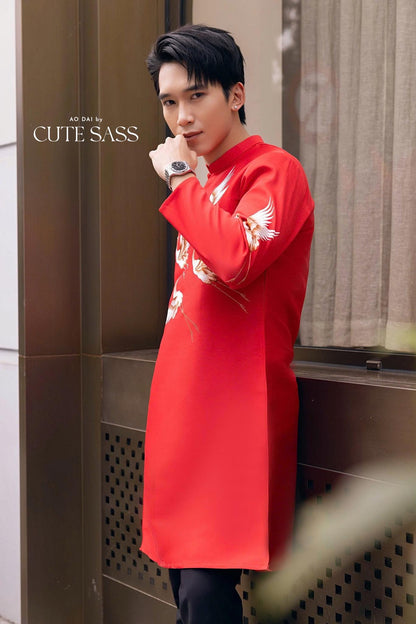 Men Red Birds Ao Dai Top 16C| Pre-made Traditional Viet Ao Dai|Lunar New Year |Ao Dai for Dad | Ao Dai Truyen Thong| Ao Dai Tet| AoDaibyCuteSass