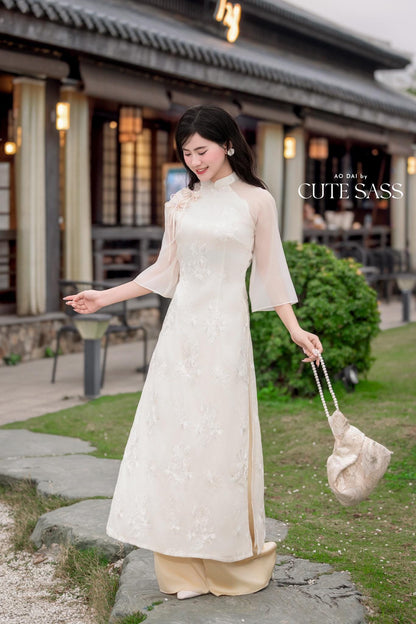 Cream Chiffon Embroidery Bow Ao Dai Set 6D |Pre-made Vietnamese Women Ao Dai with Pants | Lunar New Year|Ao Dai Cach Tan AoDaibyCuteSass