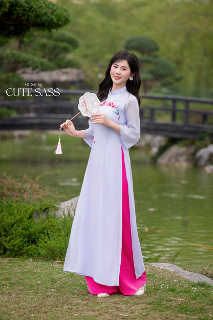Light Purple Embroidery Orchids Dai Set 33A| Pre-made Traditional Vietnamese Ao Dai | Women Ao Dai with Pants | Lunar New Year| AoDaibyCuteSass