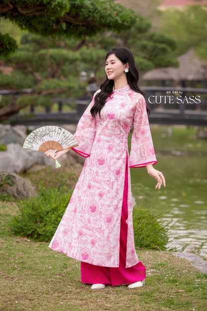 Pink Printed Koi Bows Ao Dai Set 6D| Pre-made Traditional Vietnamese Ao Dai | Women Ao Dai with Pants|Lunar New Year| AoDaibyCuteSass