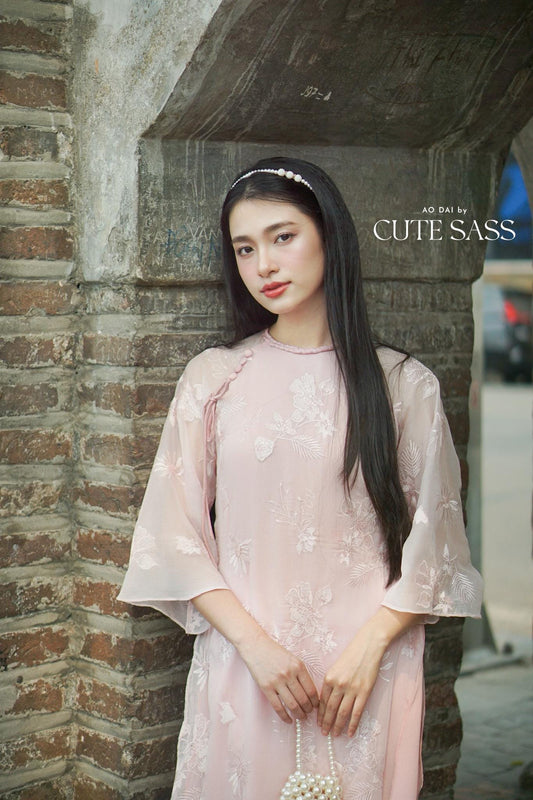 Yen - Pink Petal Plait Braided Neckline Shifted Ao Dai Top Only, No Pants| Pre-made Modernized Vietnamese Ao Dai| Lunar New Year AoDaibyCuteSass