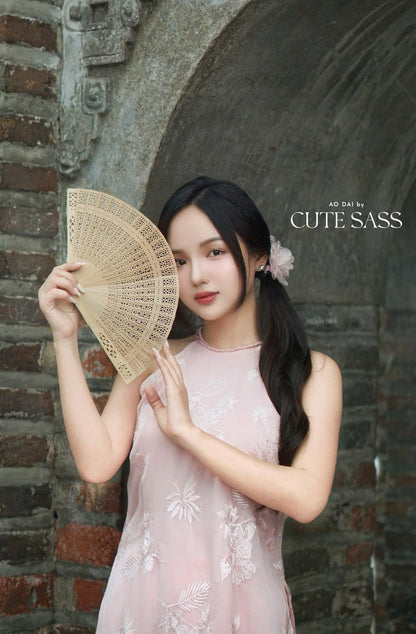 Yen - Shifted Pink Petal Plait Braided Neckline Yem-Inspired Ao Dai Top Only, No Pants|Pre-made Modernized Vietnamese Ao Dai| Lunar New Year AoDaibyCuteSass