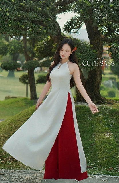 Yen - White Luna Whisper Cut Out Yem-Inspired Ao Dai Top Only, No Pants| Pre-made Modernized Vietnamese Ao Dai| Lunar New Year AoDaibyCuteSass