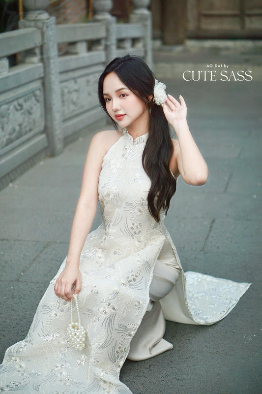 Yen - White Moonbeam Yem-Inspired Ao Dai Top Only, No Pants| Pre-made Modernized Vietnamese Ao Dai| Lunar New Year AoDaibyCuteSass