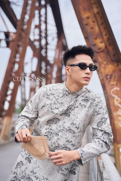 Men Gray Bamboo Patterns Ao Dai Top 38C | Pre-made Traditional Vietnamese Ao Dai| Lunar New Year | Ao Dai for Dad, Boy |Ao Dai Tet| AoDaibyCuteSass