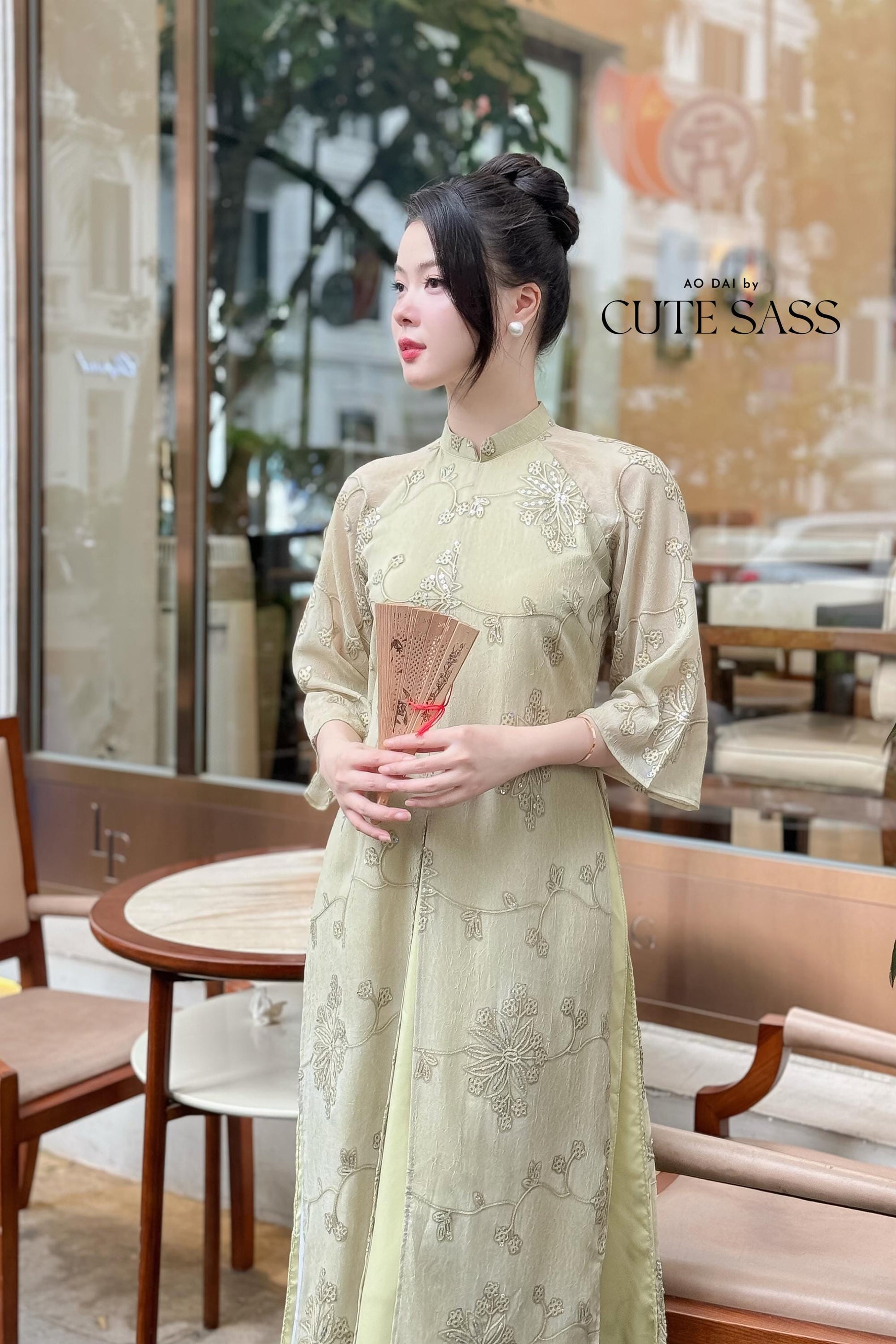 Green Slit Sparkle Chiffon Ao Dai Top Only, No Pants |Pre-made Vietnamese Women Ao Dai with Pants | Lunar New Year|Ao Dai Cach Tan AoDaibyCuteSass
