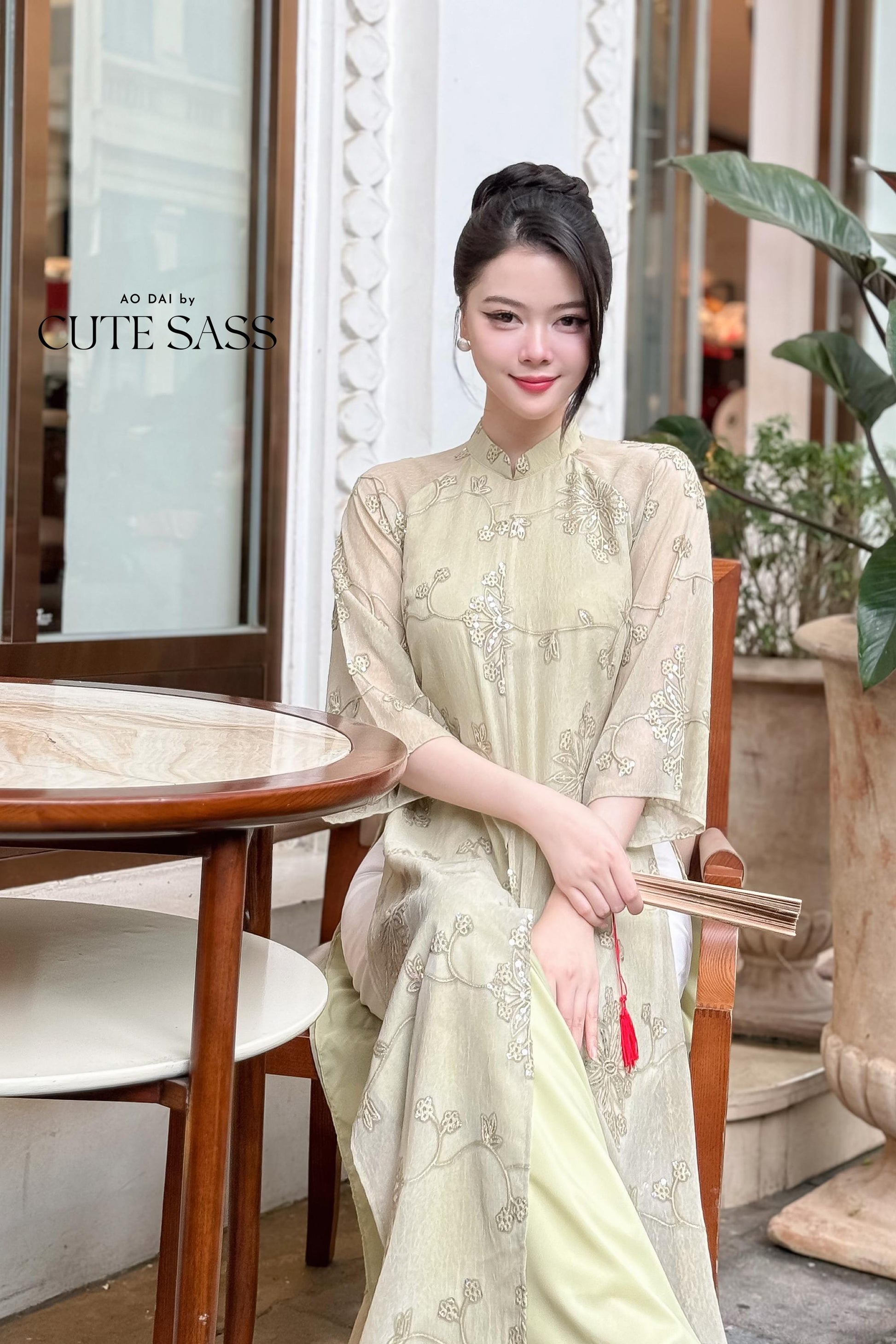 Green Slit Sparkle Chiffon Ao Dai Top Only, No Pants |Pre-made Vietnamese Women Ao Dai with Pants | Lunar New Year|Ao Dai Cach Tan AoDaibyCuteSass