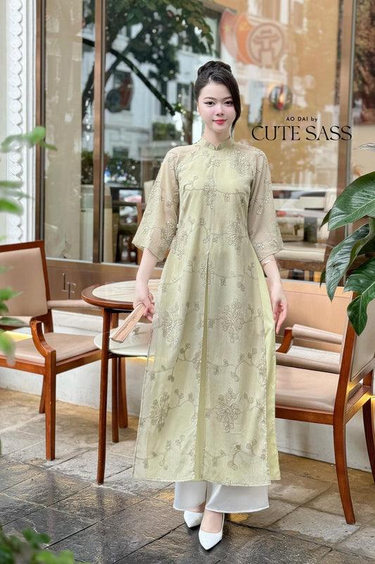 Green Slit Sparkle Chiffon Ao Dai Top Only, No Pants |Pre-made Vietnamese Women Ao Dai with Pants | Lunar New Year|Ao Dai Cach Tan AoDaibyCuteSass
