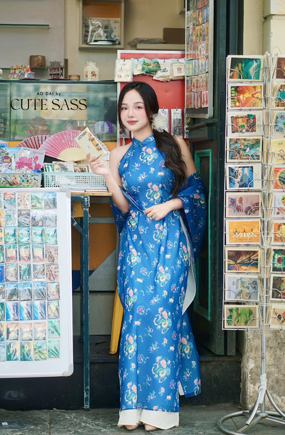 Yen - Blue Orient Yem-Inspired Ao Dai Top Only, No Pants, No Scarf| Pre-made Modernized Vietnamese Sleeveless Ao Dai| Lunar New Year AoDaibyCuteSass