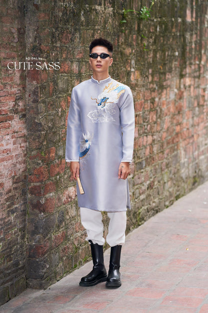 Men Gray Embroidery Dragon Ao Dai Top 44B | Pre-made Traditional Vietnamese Ao Dai| Lunar New Year | Ao Dai for Dad, Boy |Ao Dai Tet| AoDaibyCuteSass