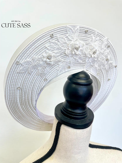 White Jeweled Diamond Lace Floral Khan Vanh - Round Head Piece | Vietnamese Ao Dai Accessories | Khan Dong | Vietnamese Ao Dai Wedding AoDaibyCuteSass