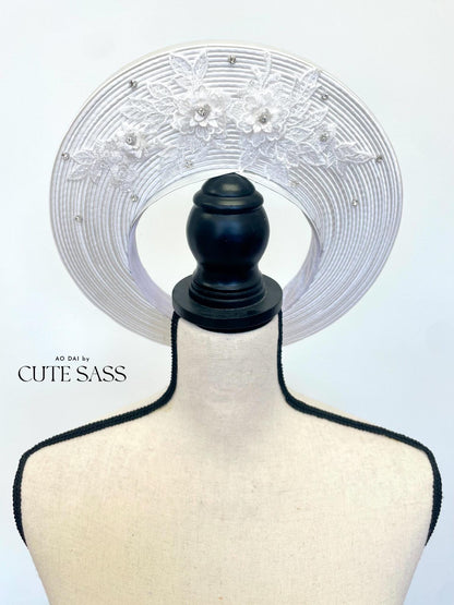 White Jeweled Diamond Lace Floral Khan Vanh - Round Head Piece | Vietnamese Ao Dai Accessories | Khan Dong | Vietnamese Ao Dai Wedding AoDaibyCuteSass