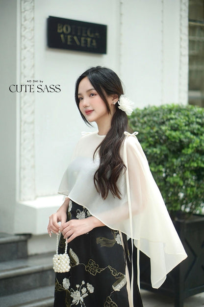 Yen - Black/Gold Eclipse Spaghetti Strap Ao Dai Top with Cape, No Pants, No Bows| Pre-made Modernized Vietnamese Ao Dai| Lunar New Year AoDaibyCuteSass