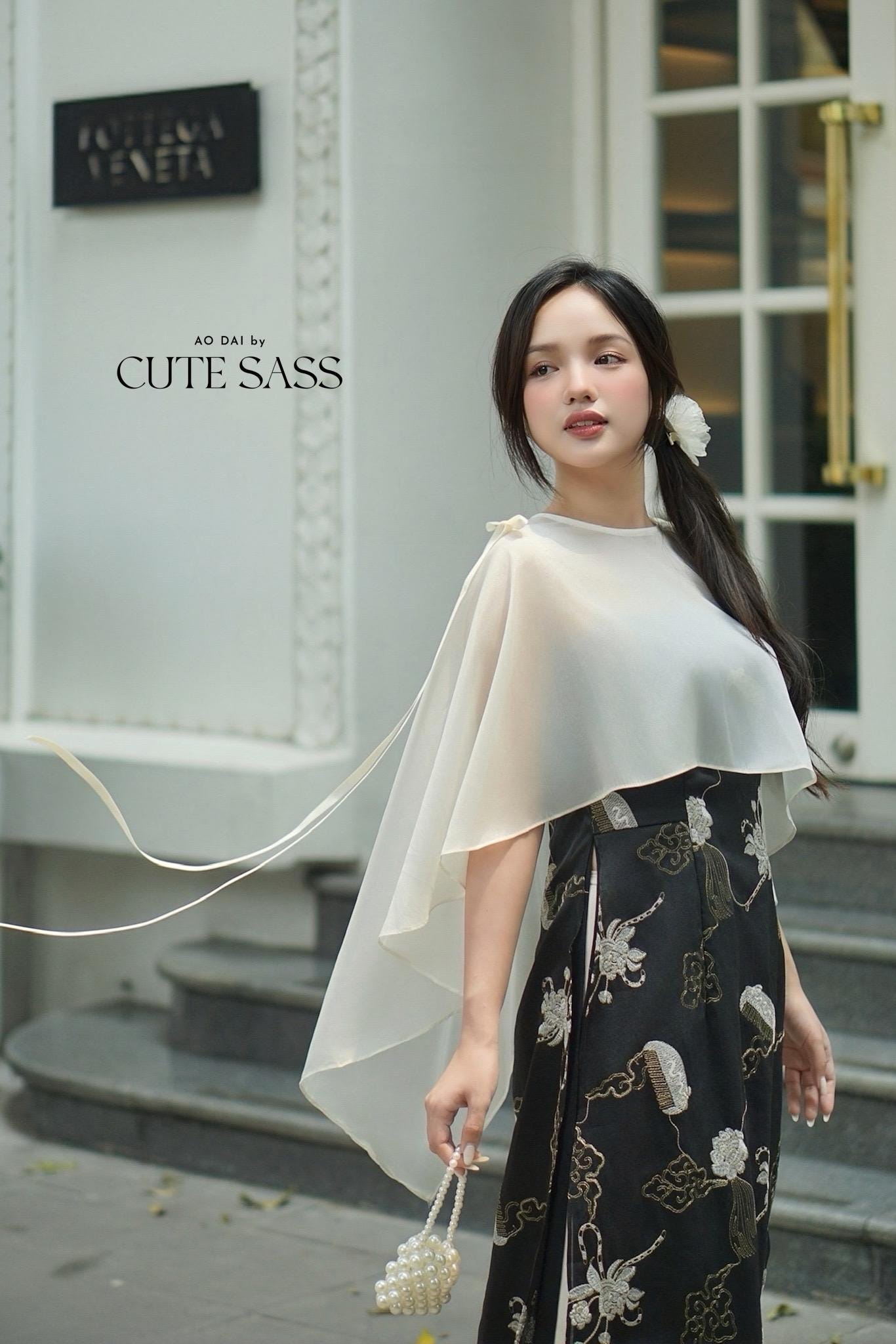 Yen - Black/Gold Eclipse Spaghetti Strap Ao Dai Top with Cape, No Pants, No Bows| Pre-made Modernized Vietnamese Ao Dai| Lunar New Year AoDaibyCuteSass