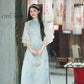 Yen - Blue Heirloom Sheer Sleeves Ao Dai Top Only, No Pants| Pre-made Modernized Vietnamese Ao Dai| Lunar New Year AoDaibyCuteSass