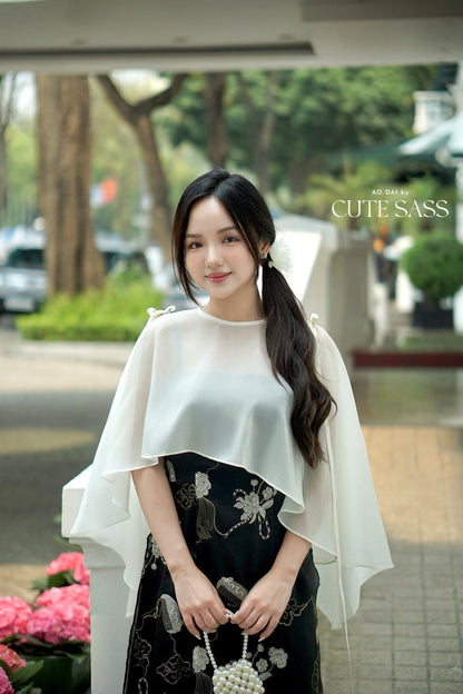 Yen - Black/Gold Eclipse Spaghetti Strap Ao Dai Top with Cape, No Pants, No Bows| Pre-made Modernized Vietnamese Ao Dai| Lunar New Year AoDaibyCuteSass