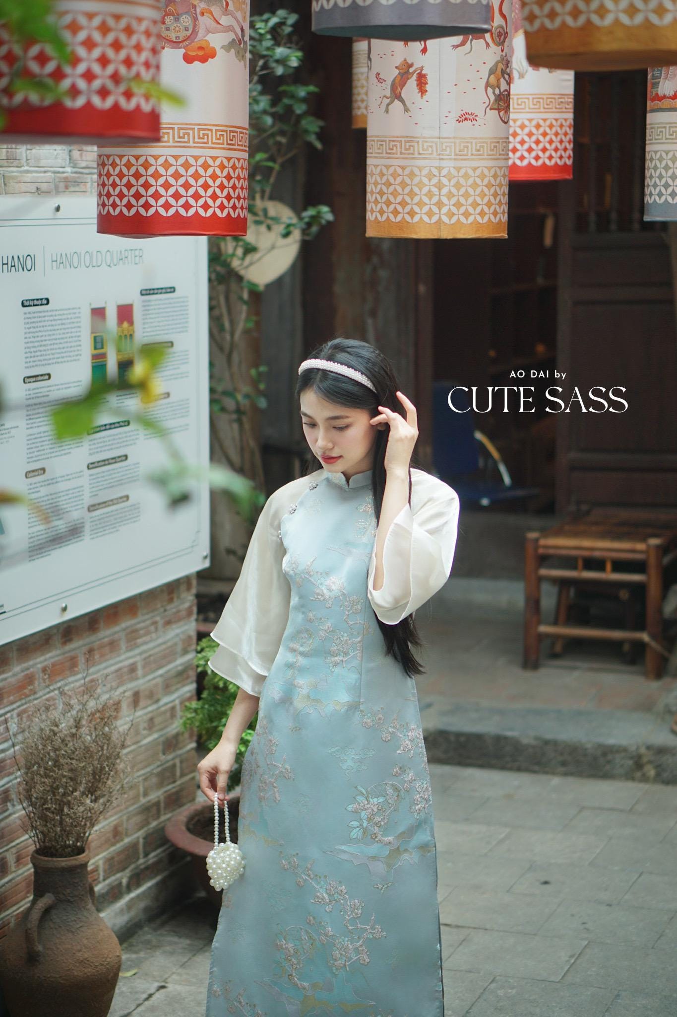Yen - Blue Heirloom Sheer Sleeves Ao Dai Top Only, No Pants| Pre-made Modernized Vietnamese Ao Dai| Lunar New Year AoDaibyCuteSass