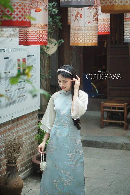 Yen - Blue Heirloom Sheer Sleeves Ao Dai Top Only, No Pants| Pre-made Modernized Vietnamese Ao Dai| Lunar New Year AoDaibyCuteSass