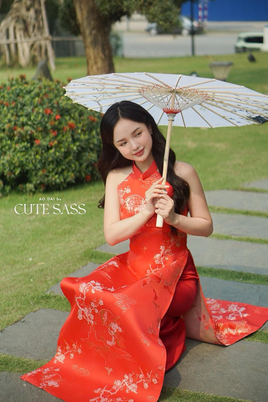 Yen - Red Heirloom Yem-Inspired Ao Dai Top Only, No Pants| Pre-made Modernized Vietnamese Ao Dai| Lunar New Year AoDaibyCuteSass