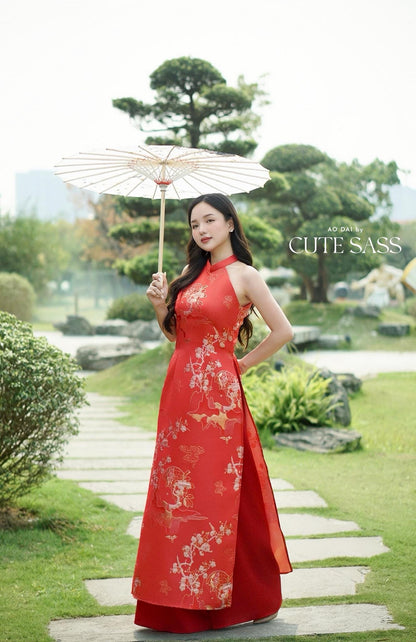 Yen - Red Heirloom Yem-Inspired Ao Dai Top Only, No Pants| Pre-made Modernized Vietnamese Ao Dai| Lunar New Year AoDaibyCuteSass