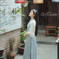 Yen - Blue Heirloom Sheer Sleeves Ao Dai Top Only, No Pants| Pre-made Modernized Vietnamese Ao Dai| Lunar New Year AoDaibyCuteSass