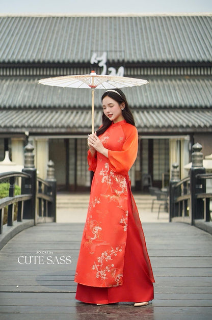 Yen - Red Heirloom Sheer Sleeves Ao Dai Top Only, No Pants| Pre-made Modernized Vietnamese Ao Dai| Lunar New Year AoDaibyCuteSass