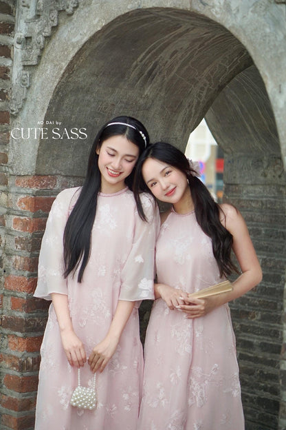 Yen - Pink Petal Plait Braided Neckline Shifted Ao Dai Top Only, No Pants| Pre-made Modernized Vietnamese Ao Dai| Lunar New Year AoDaibyCuteSass