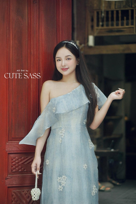 Yen - Blue Skyline Flow Off Shoulder Ao Dai Top Only, No Pants| Pre-made Modernized Vietnamese Ao Dai| Lunar New Year AoDaibyCuteSass