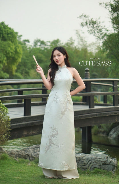 Yen - Silver/Cream Mountain Yem-Inspired Ao Dai Top Only, No Pants 8A| Pre-made Modernized Vietnamese Ao Dai| Lunar New Year AoDaibyCuteSass