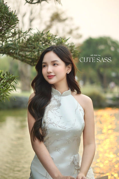 Yen - Silver/Cream Mountain Yem-Inspired Ao Dai Top Only, No Pants 8A| Pre-made Modernized Vietnamese Ao Dai| Lunar New Year AoDaibyCuteSass