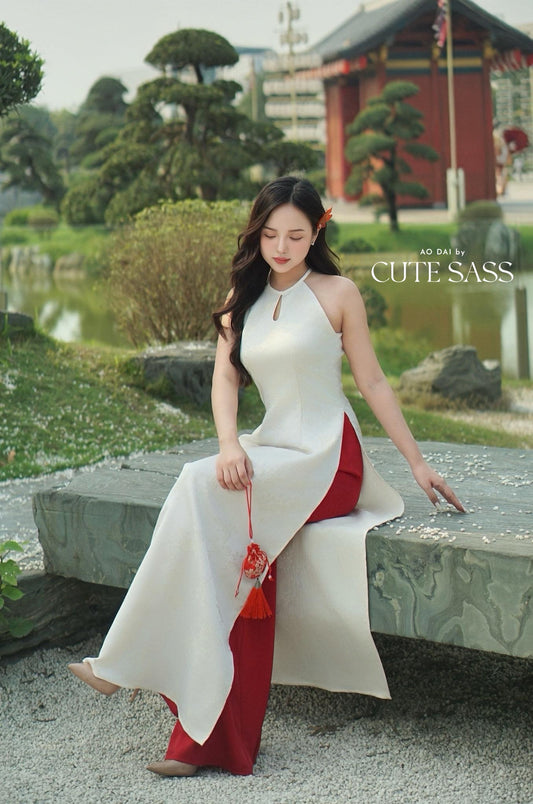 Yen - White Luna Whisper Cut Out Yem-Inspired Ao Dai Top Only, No Pants| Pre-made Modernized Vietnamese Ao Dai| Lunar New Year AoDaibyCuteSass