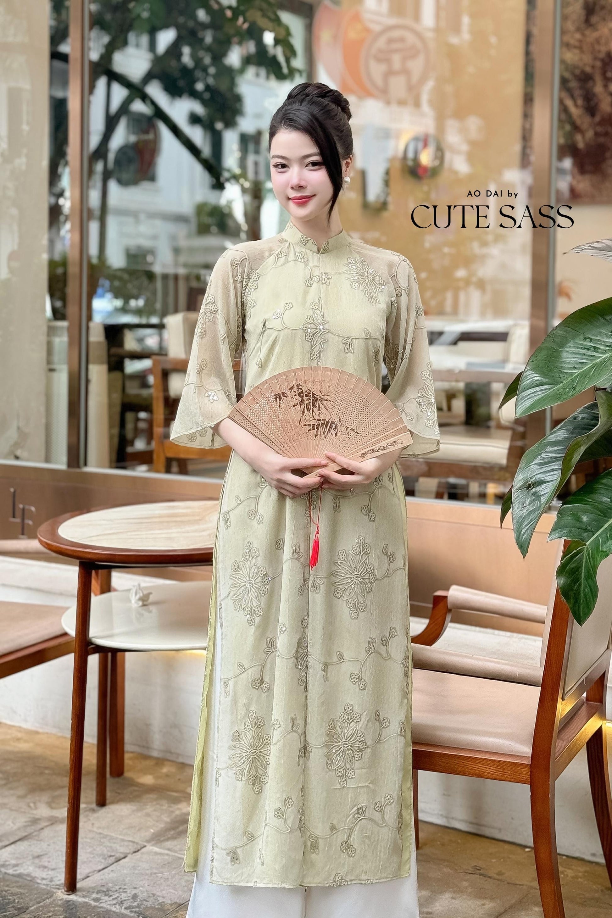 Green Slit Sparkle Chiffon Ao Dai Top Only, No Pants |Pre-made Vietnamese Women Ao Dai with Pants | Lunar New Year|Ao Dai Cach Tan AoDaibyCuteSass