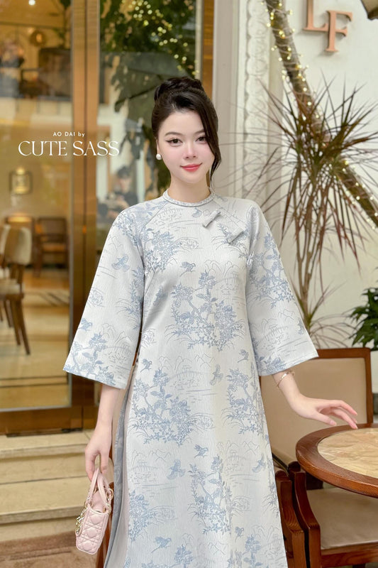 Yen - Silver/Blue Mountain Bows Ao Dai Top Only, No Pants |Pre-made Vietnamese Women Ao Dai with Pants | Lunar New Year|Ao Dai Cach Tan AoDaibyCuteSass