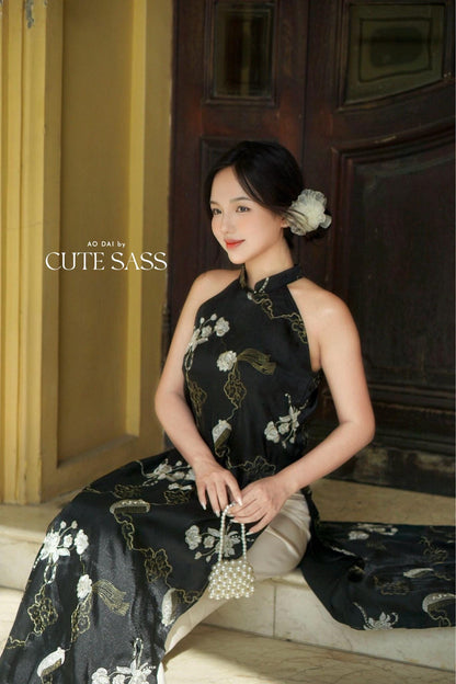 Yen - Black/Gold Eclipse Yem-Inspired Ao Dai Top Only, No Pants| Pre-made Modernized Vietnamese Sleeveless Ao Dai| Lunar New Year| AoDaibyCuteSass
