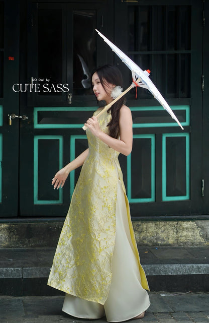 Yen - Golden Sakura Yem-Inspired Ao Dai Top Only, No Pants| Pre-made Modernized Vietnamese Sleeveless Ao Dai| Lunar New Year AoDaibyCuteSass