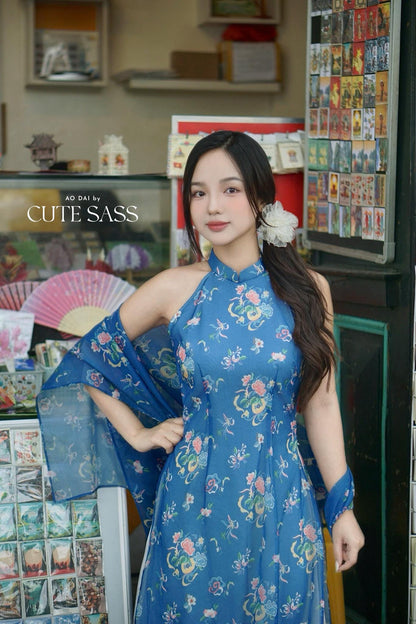 Yen - Blue Orient Yem-Inspired Ao Dai Top Only, No Pants, No Scarf| Pre-made Modernized Vietnamese Sleeveless Ao Dai| Lunar New Year AoDaibyCuteSass