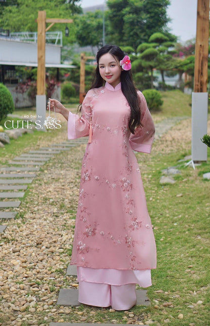Shifted Pink Embroidery Chiffon with Clover Tassel Ao Dai Top Only, No Pants 8A|Pre-made Vietnamese Ao Dai with Pants | Lunar New Year| AoDaibyCuteSass