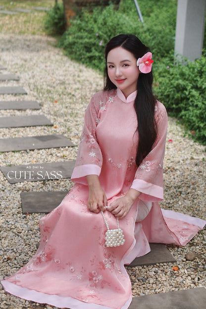 Shifted Pink Embroidery Chiffon with Clover Tassel Ao Dai Top Only, No Pants 8A|Pre-made Vietnamese Ao Dai with Pants | Lunar New Year| AoDaibyCuteSass