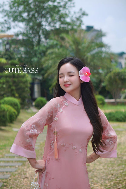 Shifted Pink Embroidery Chiffon with Clover Tassel Ao Dai Top Only, No Pants 8A|Pre-made Vietnamese Ao Dai with Pants | Lunar New Year| AoDaibyCuteSass