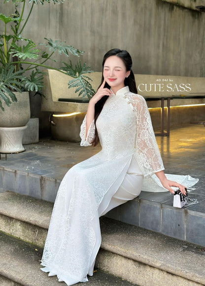 White Lace Slit Ao Dai Set |Pre-made Vietnamese Women Ao Dai with Pants 20A| Lunar New Year|Ao Dai Cach Tan AoDaibyCuteSass
