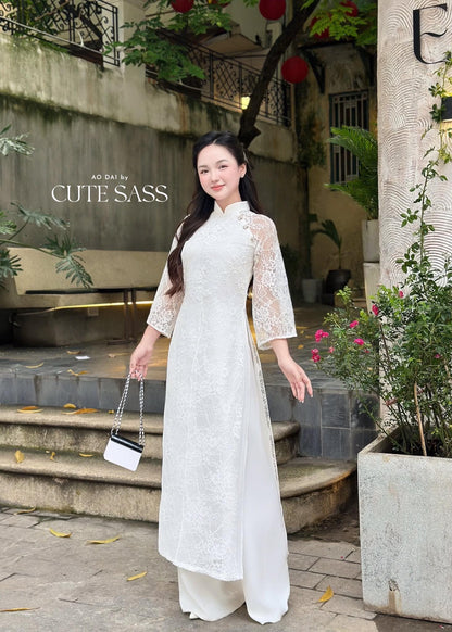 White Lace Slit Ao Dai Set |Pre-made Vietnamese Women Ao Dai with Pants 20A| Lunar New Year|Ao Dai Cach Tan AoDaibyCuteSass