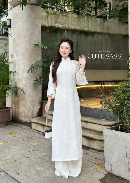 White Lace Slit Ao Dai Set |Pre-made Vietnamese Women Ao Dai with Pants 20A| Lunar New Year|Ao Dai Cach Tan AoDaibyCuteSass