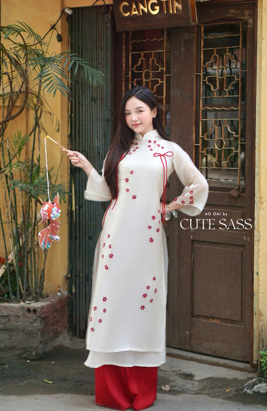 White with Red Flowers Bows Ao Dai Set 17B|Pre-made Vietnamese Ao Dai with Pants | Lunar New Year| AoDaibyCuteSass
