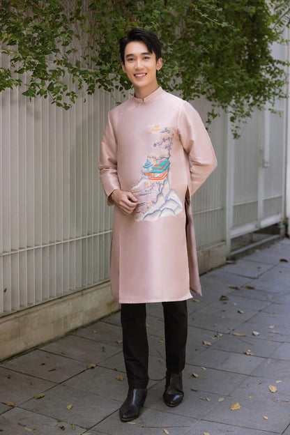 Men Taupe Embroidery Mountain Ao Dai Top 41B| Pre-made Traditional Vietnamese Ao Dai| Lunar New Year | Ao Dai for Dad, Boy | Ao Dai Tet| AoDaibyCuteSass