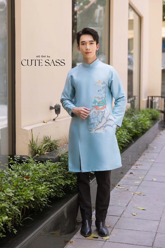 Men Blue Mountain Embroidery Ao Dai Top 43D| Pre-made Traditional Vietnamese Ao Dai| Lunar New Year | Ao Dai for Dad, Boy | Ao Dai Tet| AoDaibyCuteSass