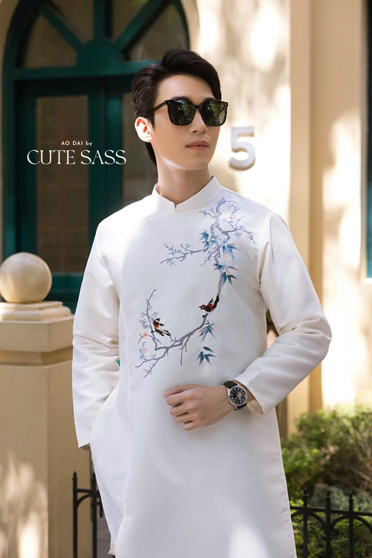 Men White Bamboo Embroidery Ao Dai Top 43D| Pre-made Traditional Vietnamese Ao Dai| Lunar New Year | Ao Dai for Dad, Boy | Ao Dai Tet| AoDaibyCuteSass