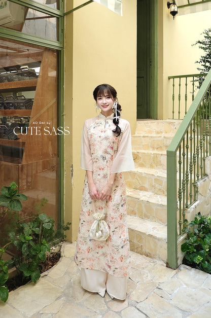 Cream Floral Pearls Ao Dai Set with Light Pink Pants 27C|Pre-made Vietnamese Women Ao Dai with Pants | Lunar New Year|Ao Dai Cach Tan AoDaibyCuteSass