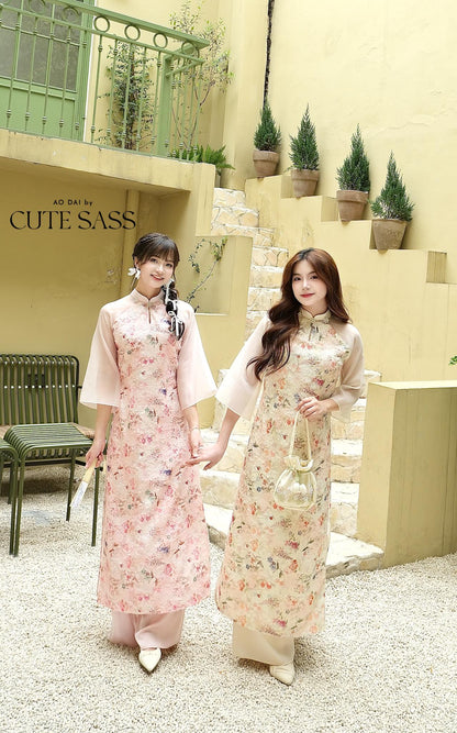 Cream Floral Pearls Ao Dai Set with Light Pink Pants 27C|Pre-made Vietnamese Women Ao Dai with Pants | Lunar New Year|Ao Dai Cach Tan AoDaibyCuteSass
