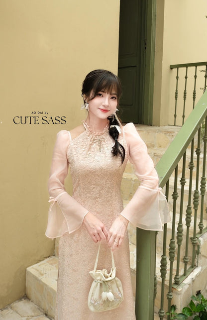 Pink Halter Bow Sleeves Ao Dai Top Only, No Pants|Pre-made Vietnamese Women Ao Dai with Pants | Lunar New Year|Ao Dai Cach Tan AoDaibyCuteSass